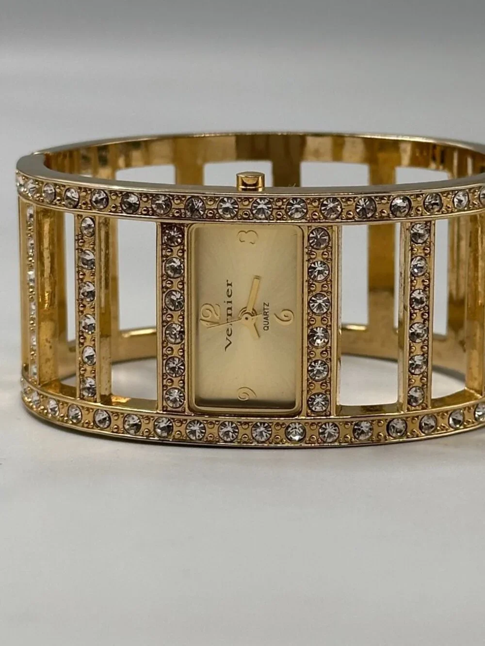 Vernier Watch Women Gold Tone Rhinestone Accents Bangle Band New Battery